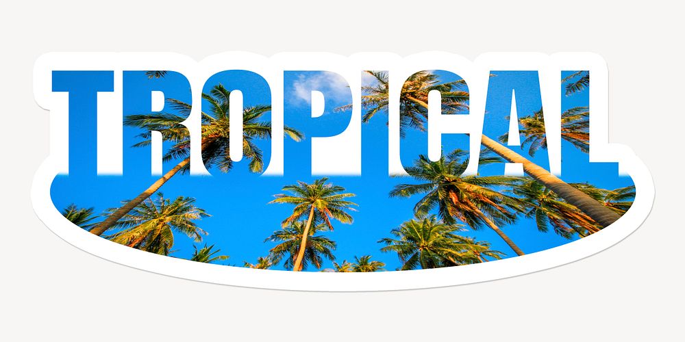 Tropical word, white border sticker typography
