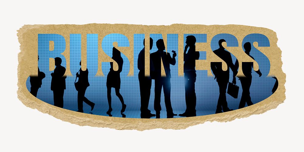 Business word, torn paper, silhouette people design