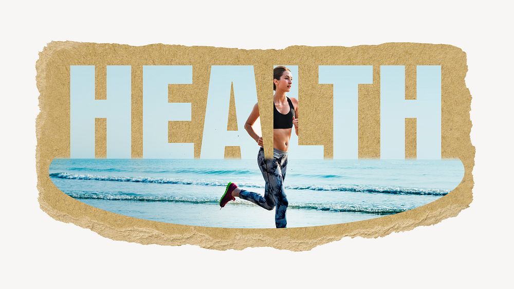 Health word, torn paper, woman running design