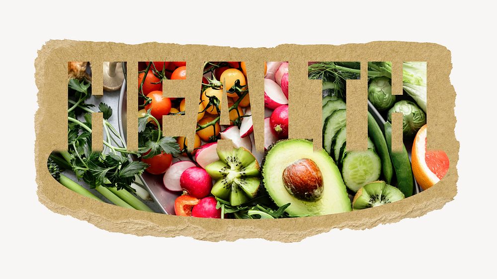 Health word, torn paper, vegetables design