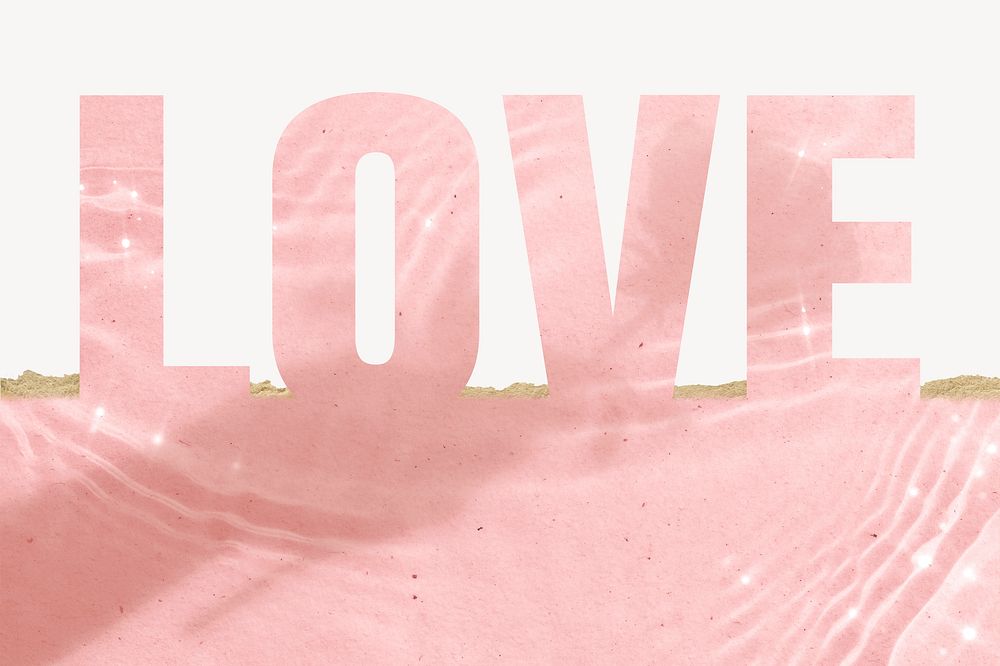 Love word border, ripped paper, pink  typography