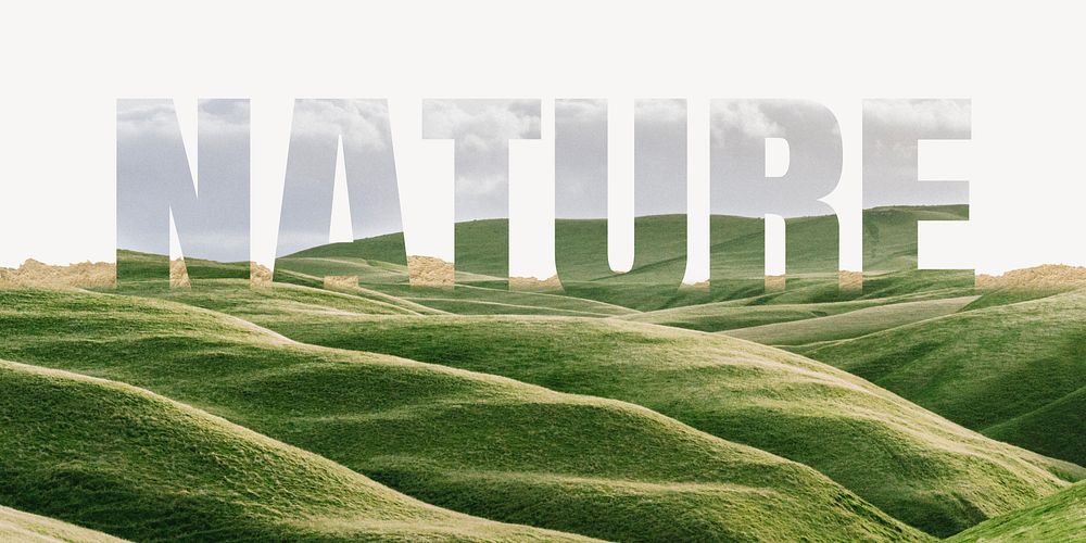 Nature word border, ripped paper, hills design typography