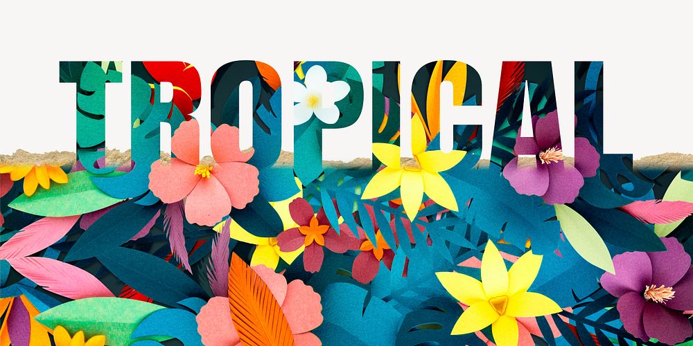 Tropical word border, ripped paper, floral design