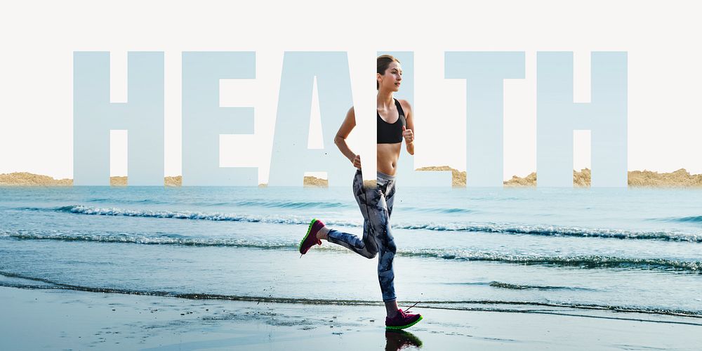 Health word border, ripped paper, woman running design