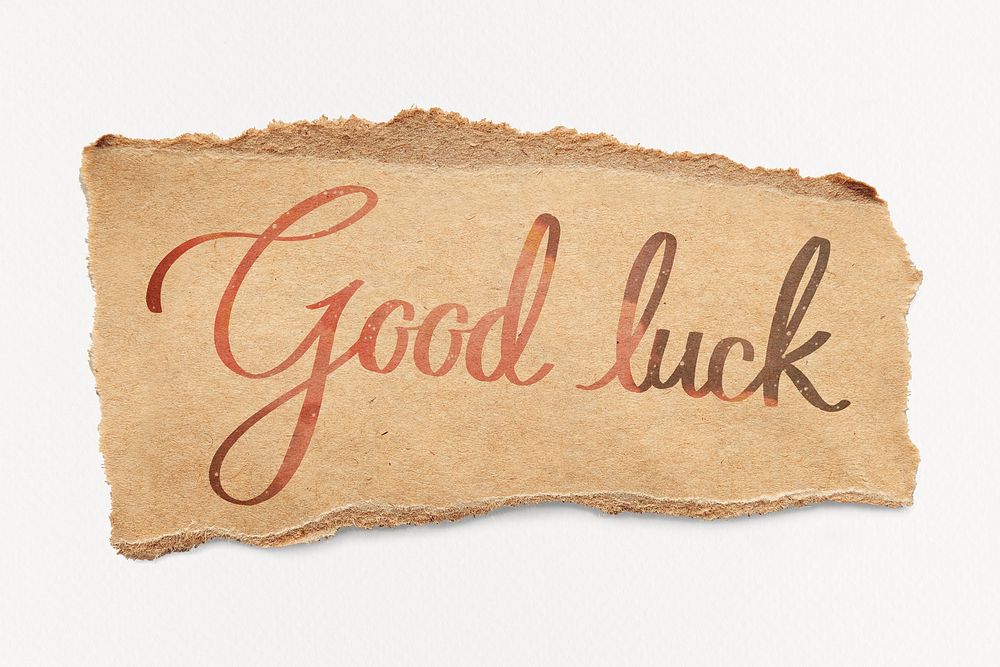 Good luck word, pastel pink calligraphy, ripped paper design