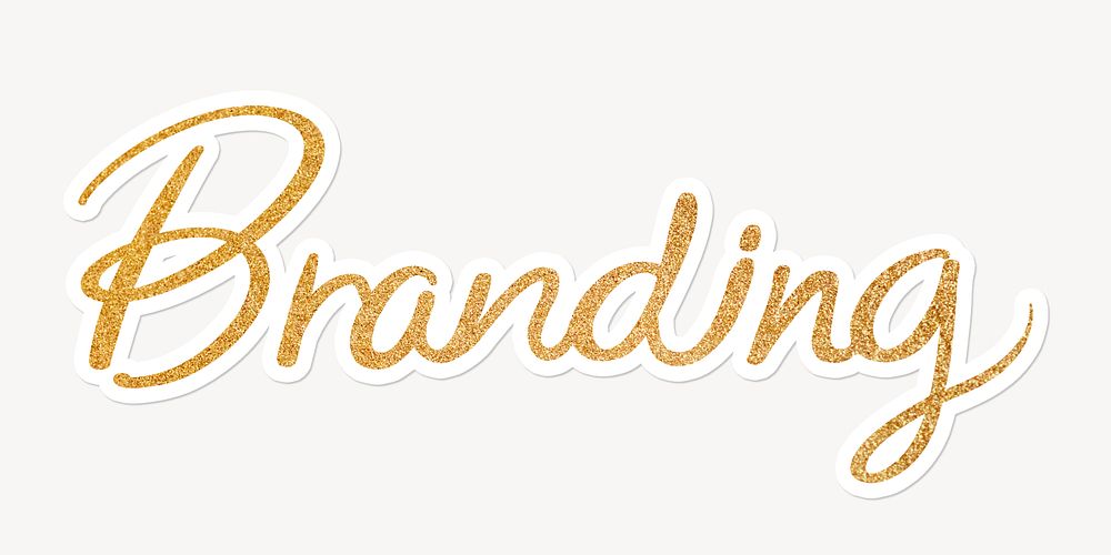 Branding word, gold glittery calligraphy text with white outline