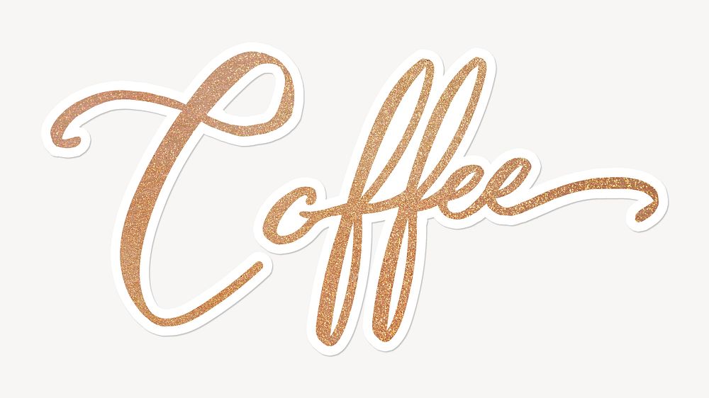Coffee word, gold glittery calligraphy text with white border