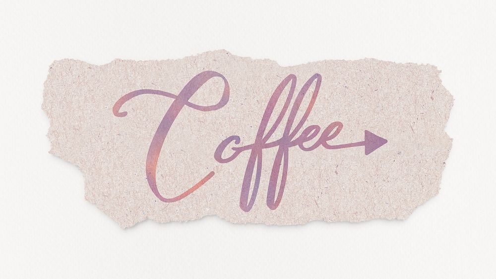 Aesthetic coffee word, ripped paper, purple sunset color calligraphy