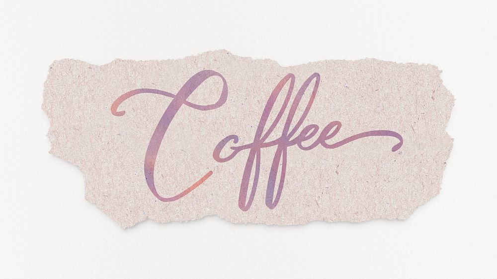 Aesthetic coffee word, torn paper, purple sunset color calligraphy