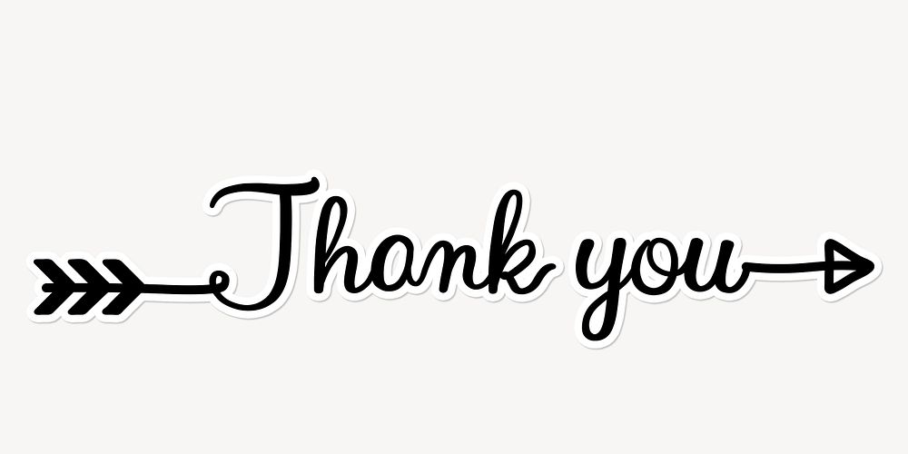 Thank you word, simple black calligraphy text with white outline