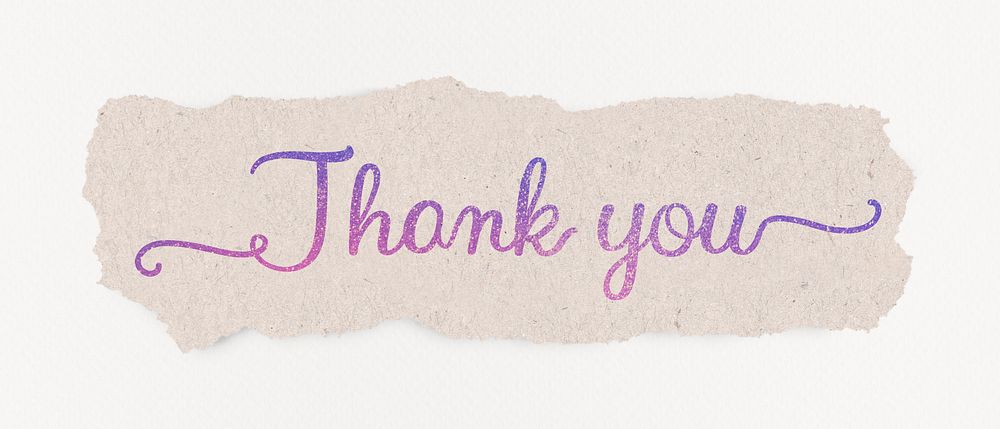 Thank you word, DIY torn paper, purple glittery calligraphy
