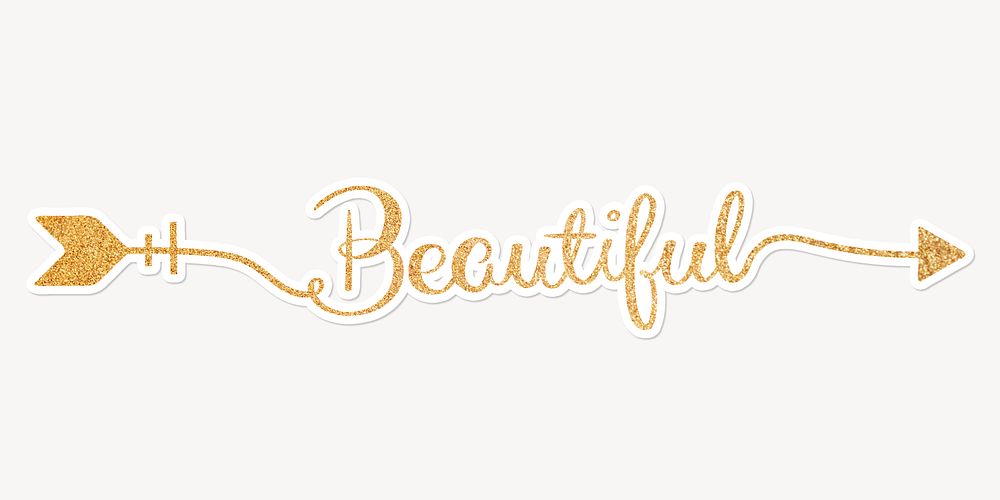 Beautiful word, gold glittery calligraphy text with white outline