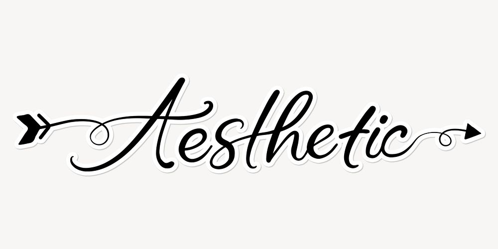 Aesthetic word, simple black calligraphy text with white outline