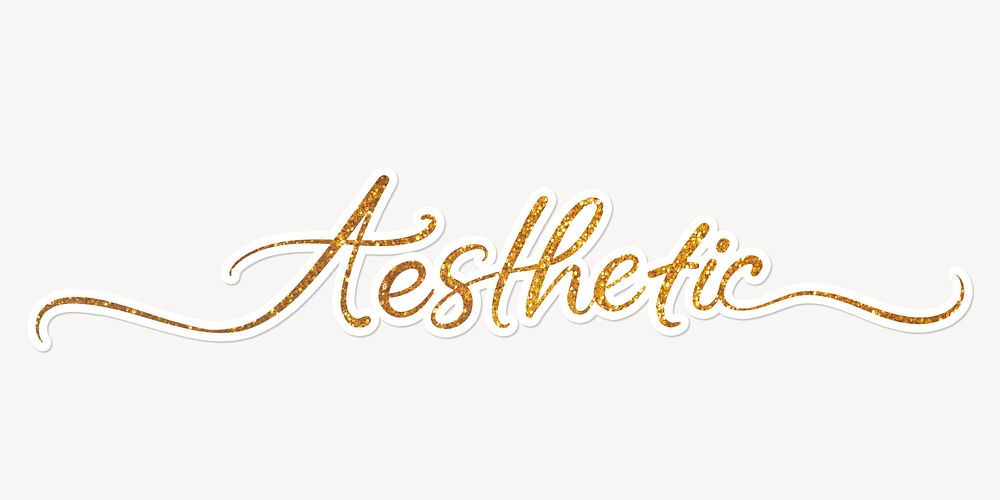 Aesthetic word, gold glittery calligraphy text with white outline