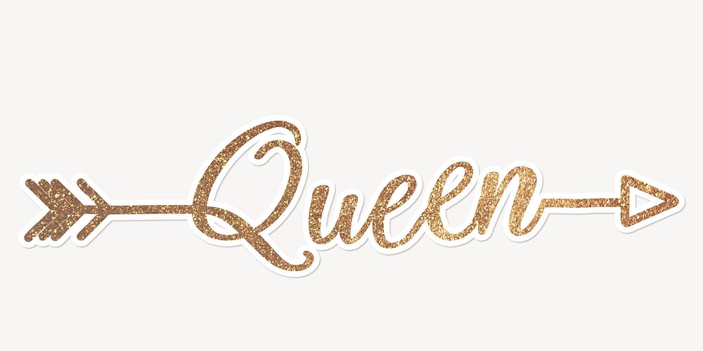 Queen word, gold glittery calligraphy text with white outline