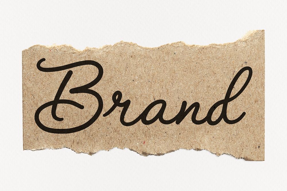 Brand word, black calligraphy on ripped kraft paper