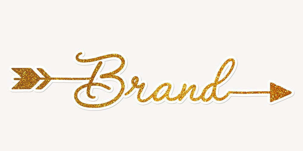 Brand word, gold glittery calligraphy text with white outline