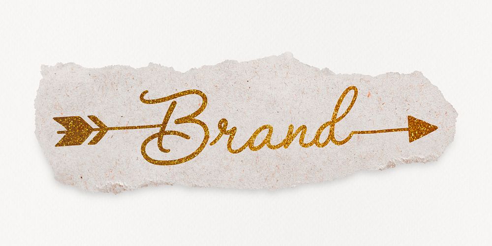 Brand word, gold glittery calligraphy on torn paper