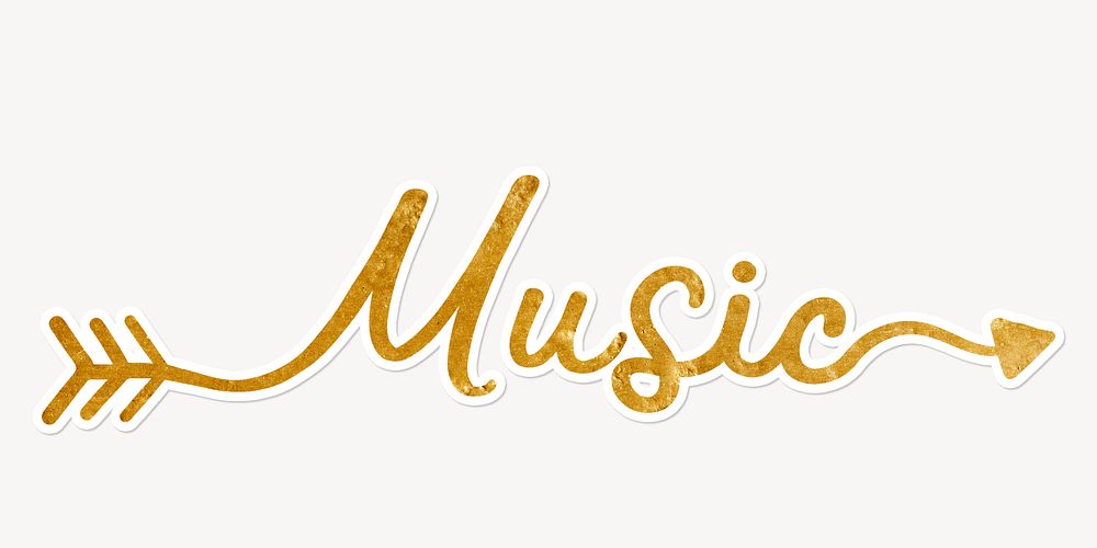 Music word, gold glittery calligraphy text with white outline