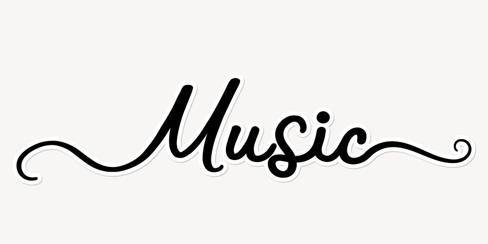 Music word, simple black calligraphy text with white outline
