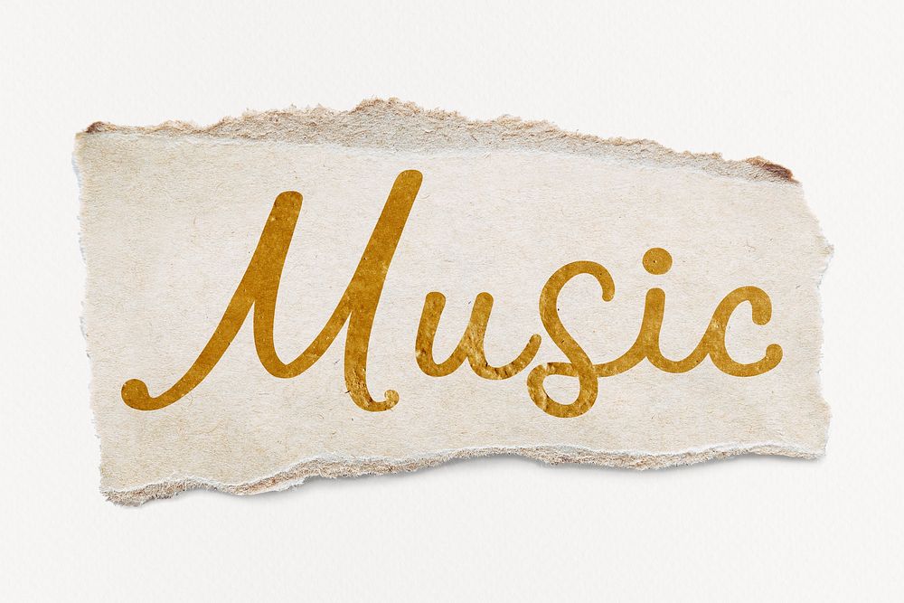Music word, ripped paper, gold glittery calligraphy