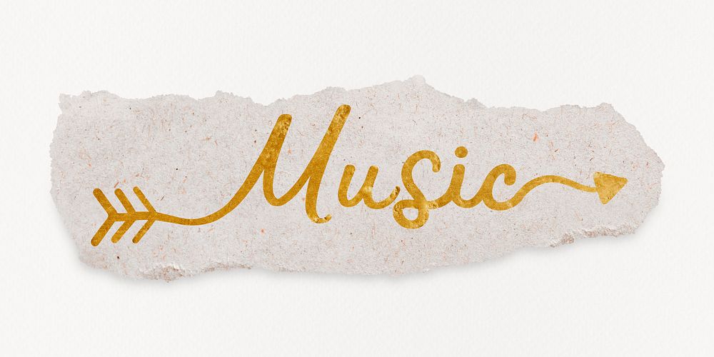  Music word, gold glittery calligraphy on torn paper