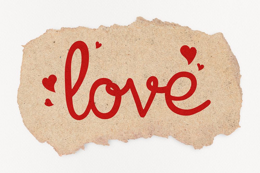 Love word, red calligraphy on torn paper