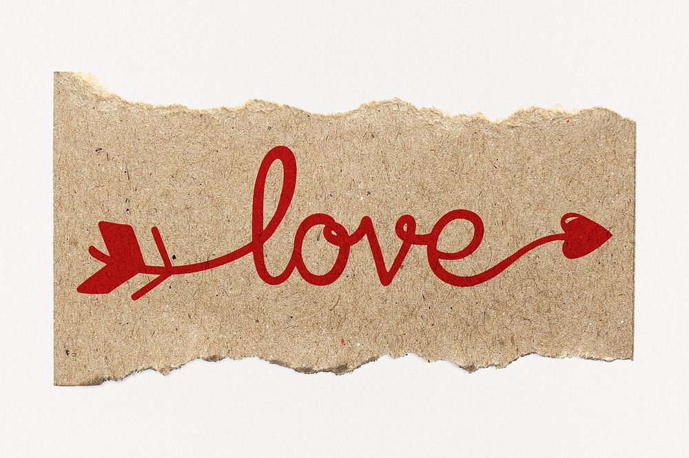 Love word, torn paper, red calligraphy