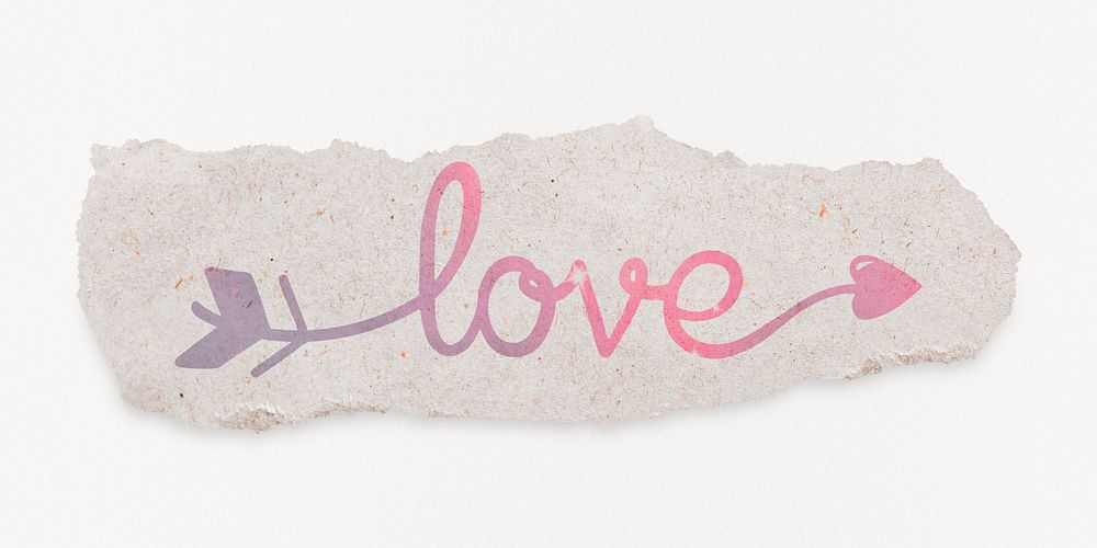 Love word, ripped paper, aesthetic pink calligraphy 