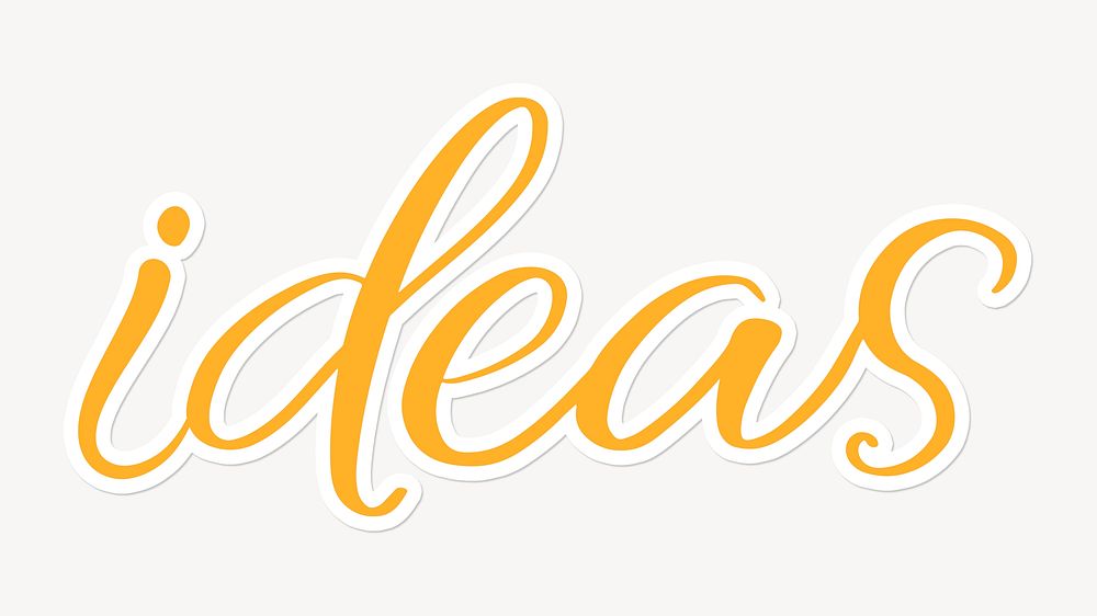 Ideas word calligraphy, yellow text with white outline