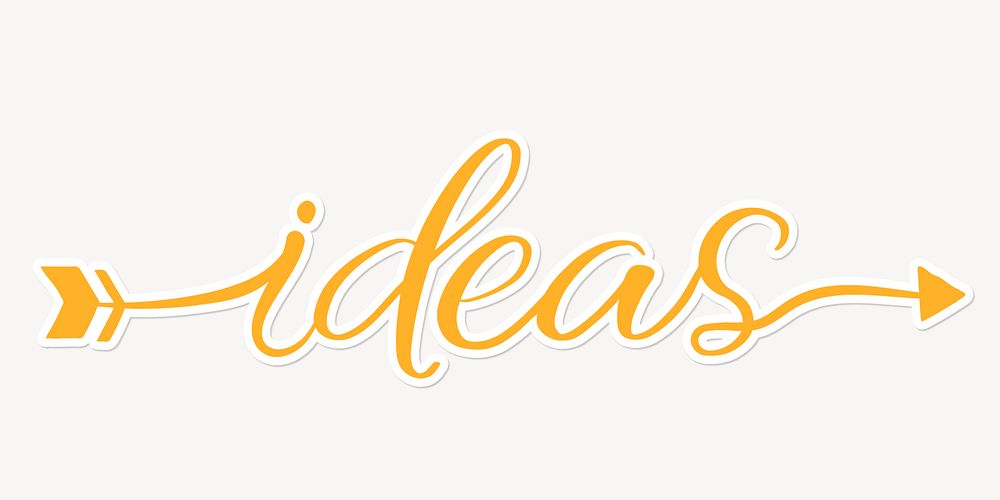 Ideas word calligraphy, yellow text with white outline