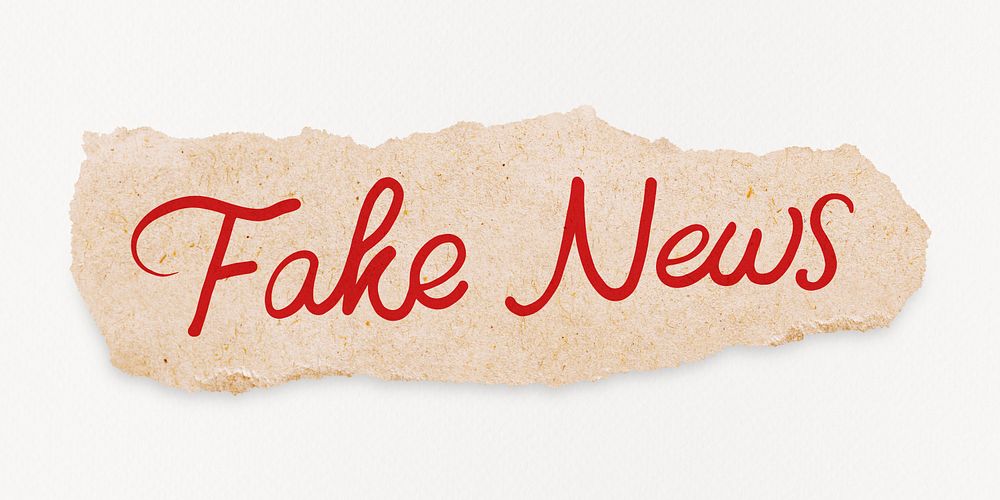 Fake news word, red calligraphy on ripped paper