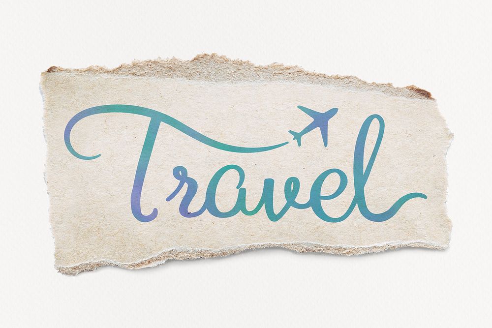 Travel word, blue aesthetic calligraphy on torn paper