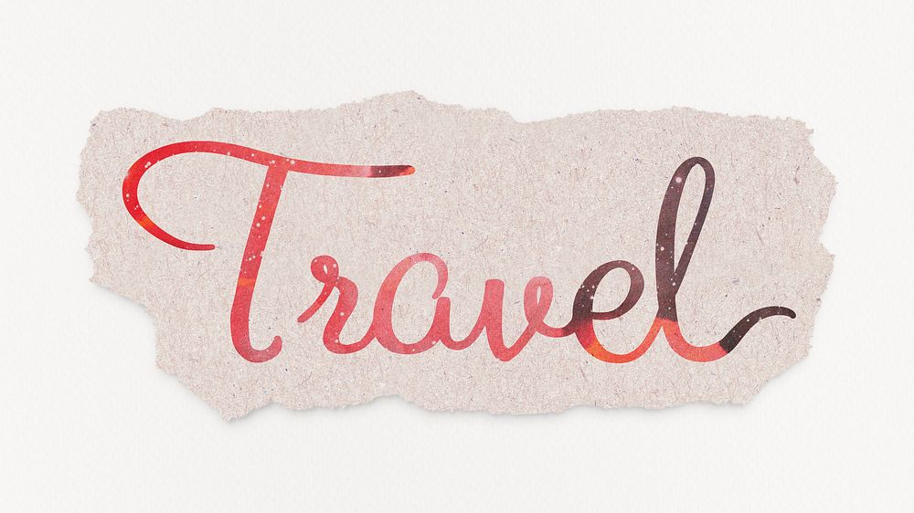 Travel word, DIY ripped paper, red aesthetic calligraphy