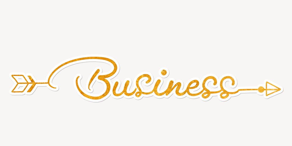 Business word, gold glittery calligraphy text with white outline