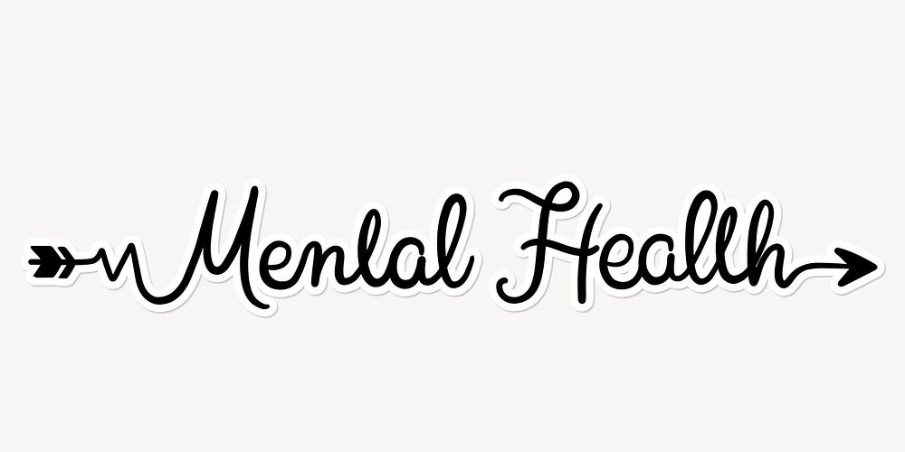 Mental health word, simple black calligraphy text with white outline