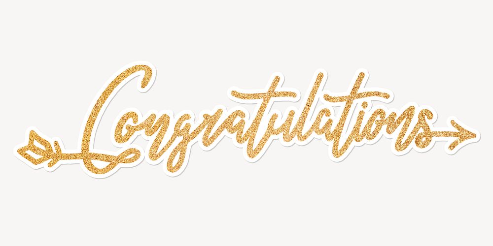 Congratulations word, gold glittery calligraphy text with white outline