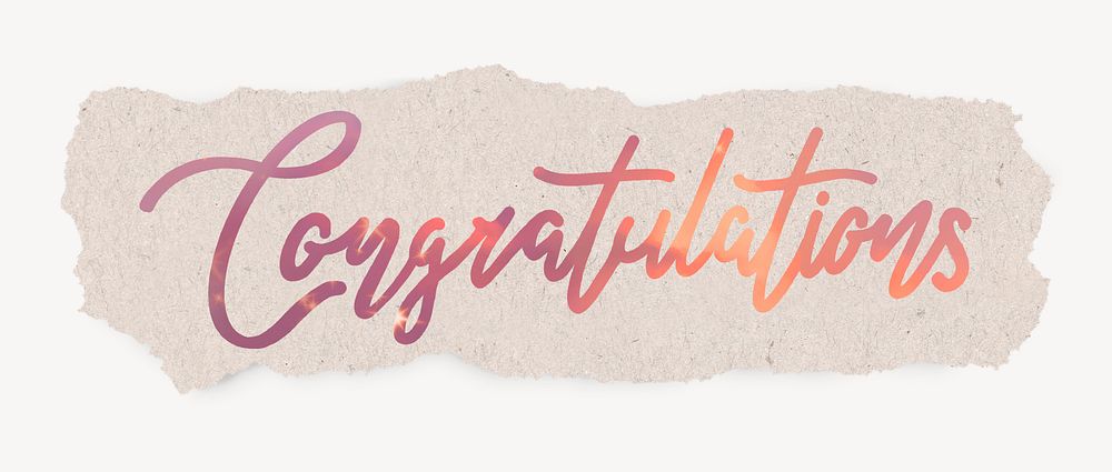 Congratulations word, aesthetic sunset color calligraphy, ripped paper design
