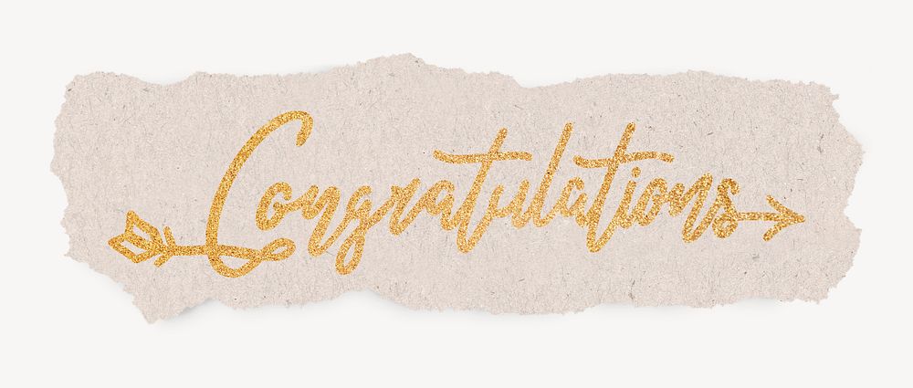 Congratulations word, gold glittery calligraphy on torn paper