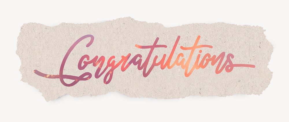 Congratulations word, aesthetic sunset color calligraphy, ripped paper design