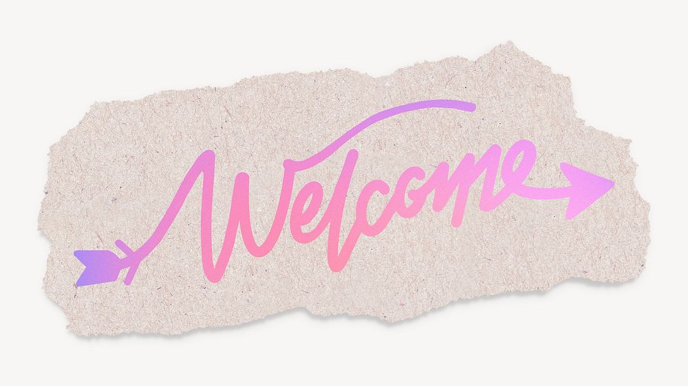Welcome word, aesthetic pink calligraphy, torn paper design