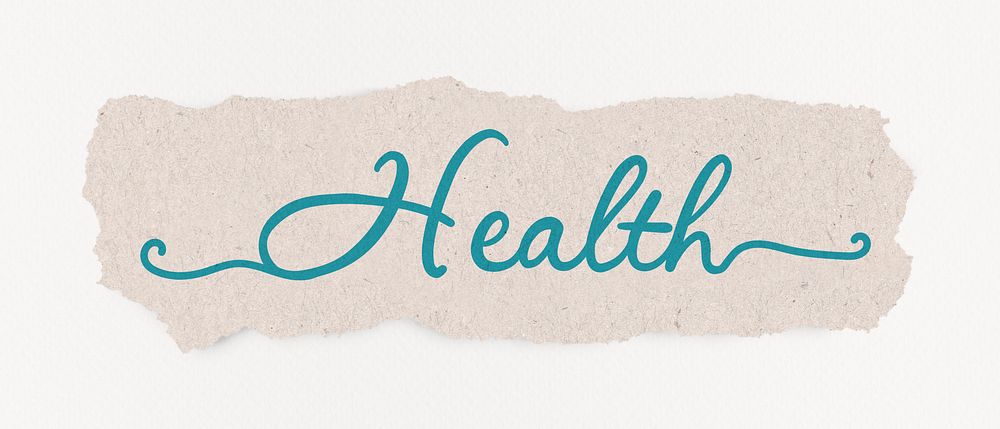 Health word, aesthetic blue calligraphy, DIY ripped paper