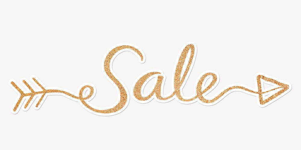 Sale word, gold glittery calligraphy text with white outline