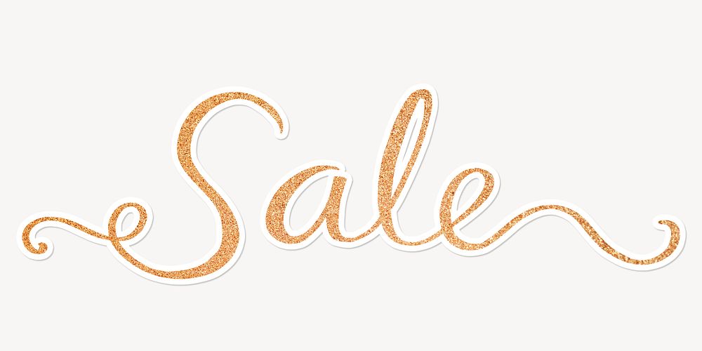 Sale word, gold glittery calligraphy text with white outline
