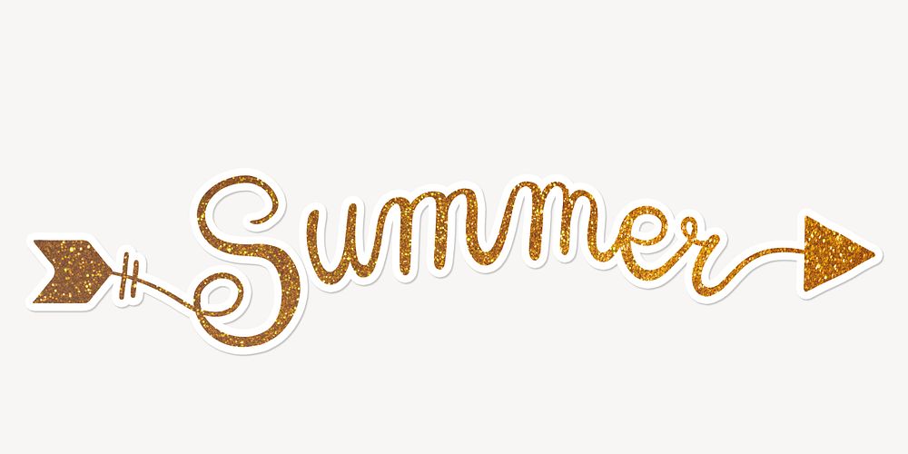 Summer word, gold glittery calligraphy text with white outline