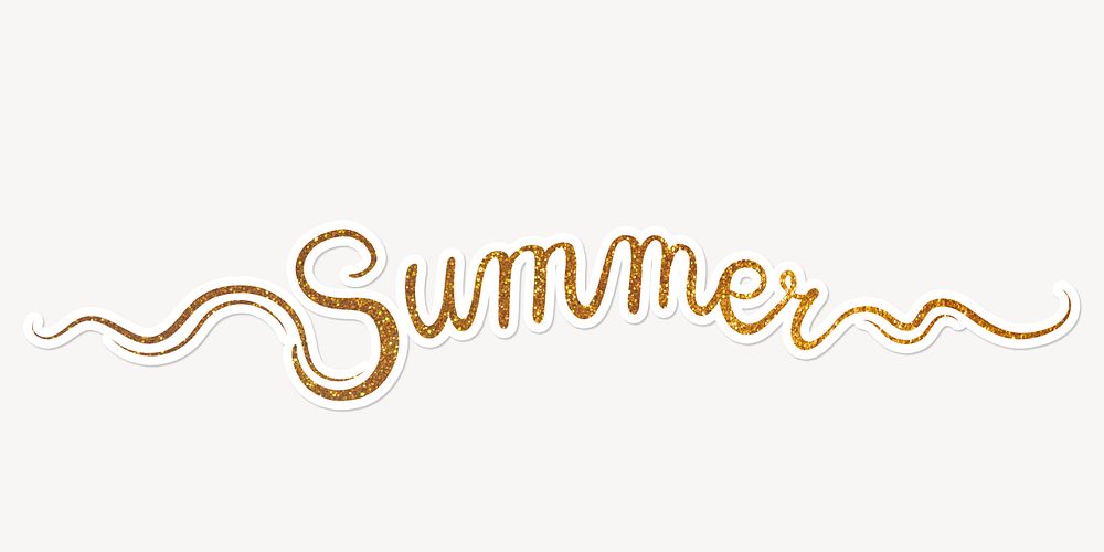 Summer word, gold glittery calligraphy text with white outline