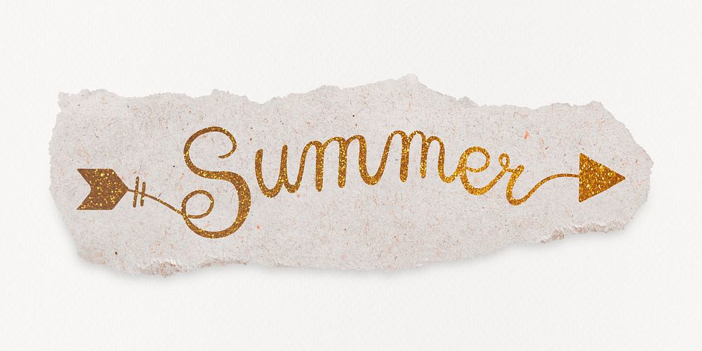 Summer word, ripped paper, gold glittery calligraphy