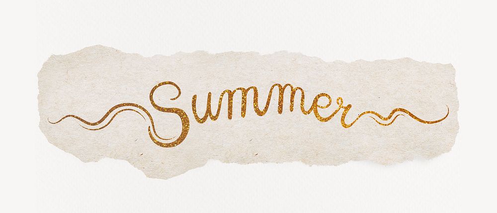 Summer word, gold glittery calligraphy on torn paper