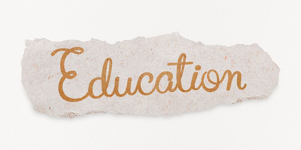 Education word, gold glittery calligraphy on torn paper