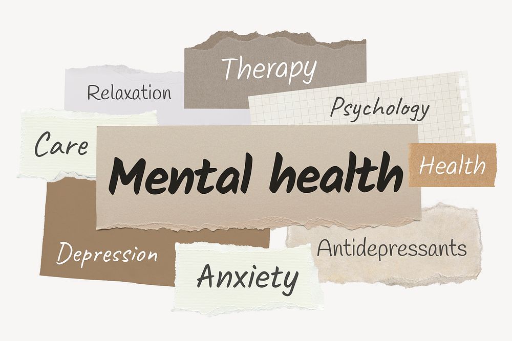 Mental health word, ripped paper typography psd